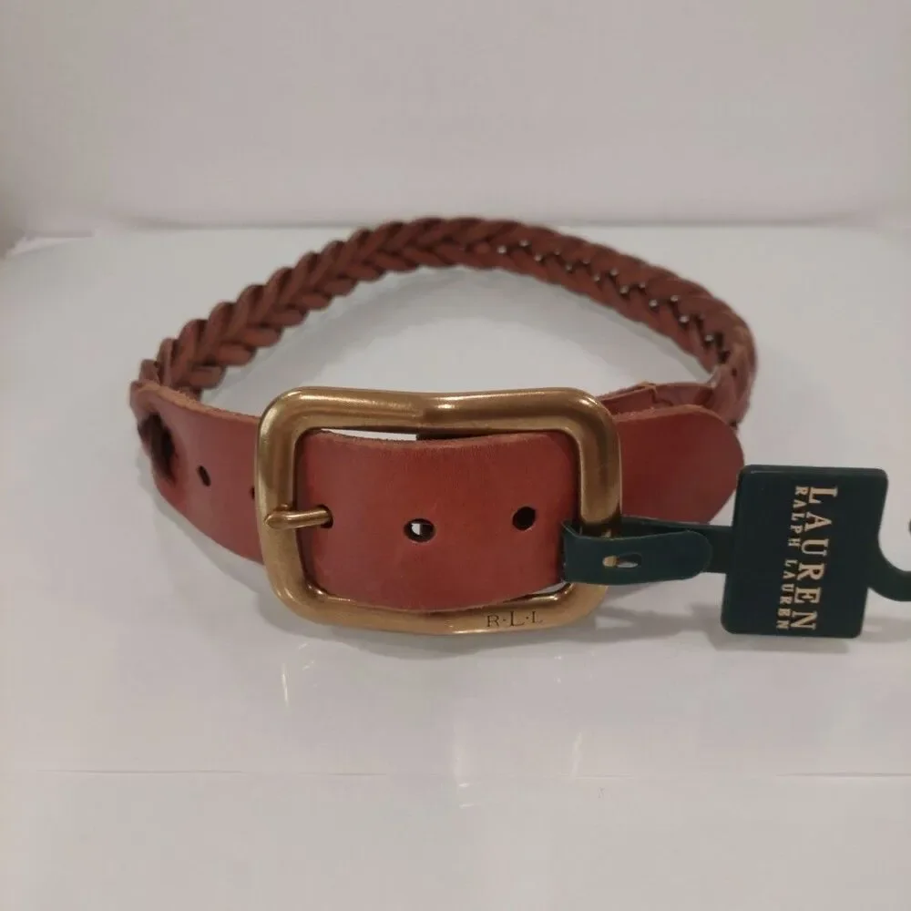New RLL Ralph Lauren Tan Split Leather Braided Belt Massive Buckle Sz Smal